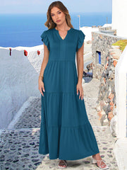 ANRABESS Womens Summer Casual Maxi Dress V Neck Ruffle Sleeve Long Dresses Fashion Flowy Tiered Boho Beach Vacation Sundress Black Large
