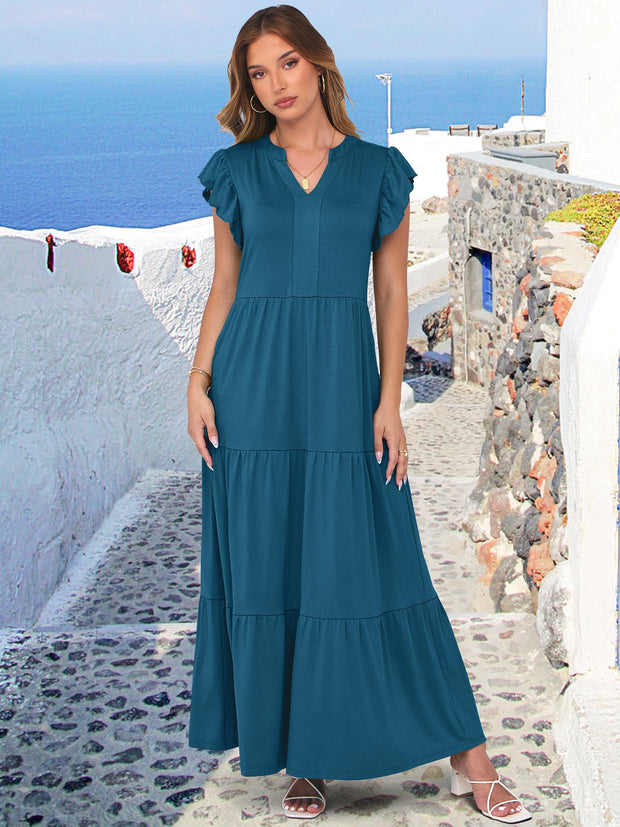 ANRABESS Womens Summer Casual Maxi Dress V Neck Ruffle Sleeve Long Dresses Fashion Flowy Tiered Boho Beach Vacation Sundress Black Large