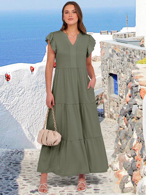 ANRABESS Womens Summer Casual Maxi Dress V Neck Ruffle Sleeve Long Dresses Fashion Flowy Tiered Boho Beach Vacation Sundress Black Large