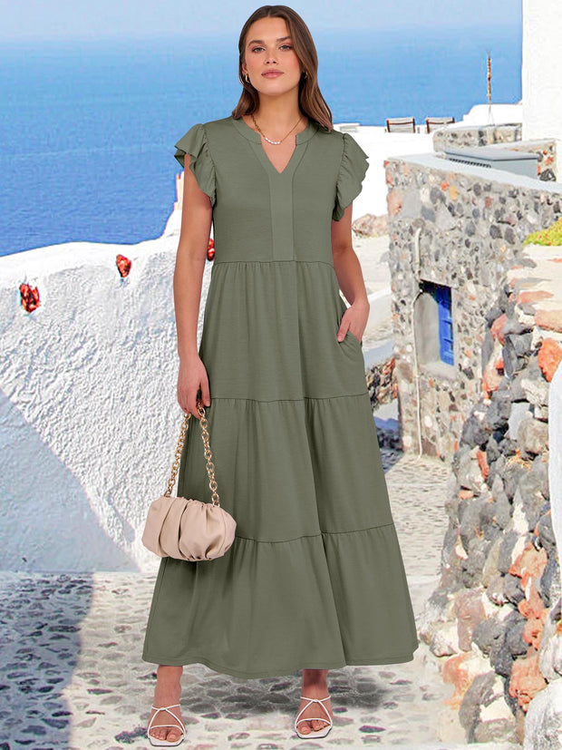ANRABESS Womens Summer Casual Maxi Dress V Neck Ruffle Sleeve Long Dresses Fashion Flowy Tiered Boho Beach Vacation Sundress Black Large