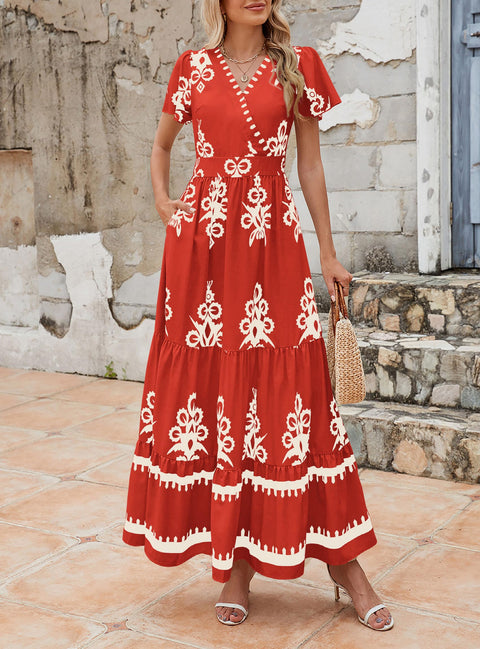 PRETTYGARDEN Womens 2025 Summer Casual V Neck Boho Maxi Dress Flowy Aline Bell Sleeve Tiered Floral Dresses with Pocket (Floral Apricot Black,X-Large)