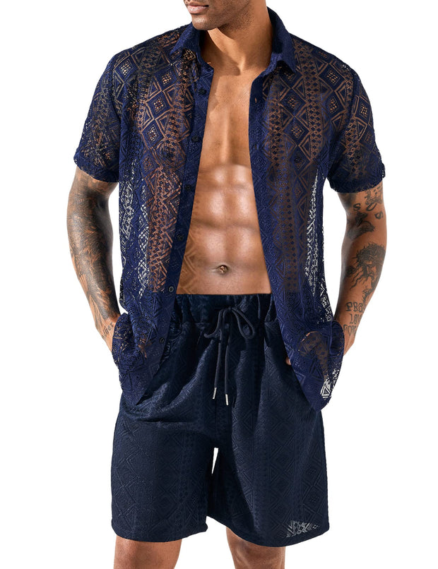 LecGee Men Summer Casual Short Sets Lace Short Sleeve Button Down Shirt Elastic Waist Shorts 2 Piece Outfits Tracksuit