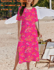 Zeagoo Women Long Sun Dress Summer T Shirt Dresses Beach Dress Casual Short Sleeve Tropical O Neck A Line Maxi Dresses Loose Side Slit Cover Up with Pockets 2025 Black XXL