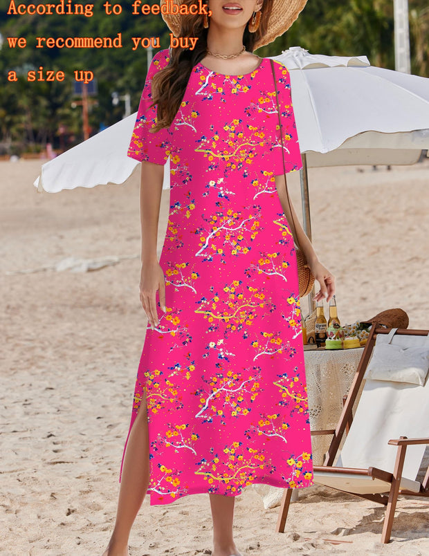 Zeagoo Women Long Sun Dress Summer T Shirt Dresses Beach Dress Casual Short Sleeve Tropical O Neck A Line Maxi Dresses Loose Side Slit Cover Up with Pockets 2025 Black XXL