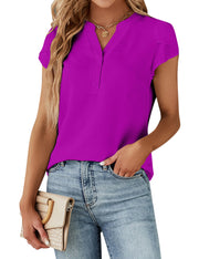 Blooming Jelly Women's Dressy Casual Tops Business Work Blouses White Button Down Shirts Cap Sleeve V Neck Tshirt