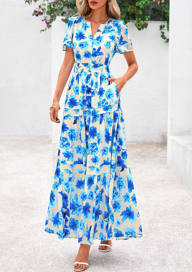PRETTYGARDEN Women's 2025 Summer Boho Maxi Dresses Floral Short Sleeve V Neck A Line Tiered Flowy Long Beach Vacation Dress (White Pink Floral,Large)