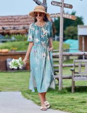 Zeagoo Women Long Sun Dress Summer T Shirt Dresses Beach Dress Casual Short Sleeve Tropical O Neck A Line Maxi Dresses Loose Side Slit Cover Up with Pockets 2025 Black XXL