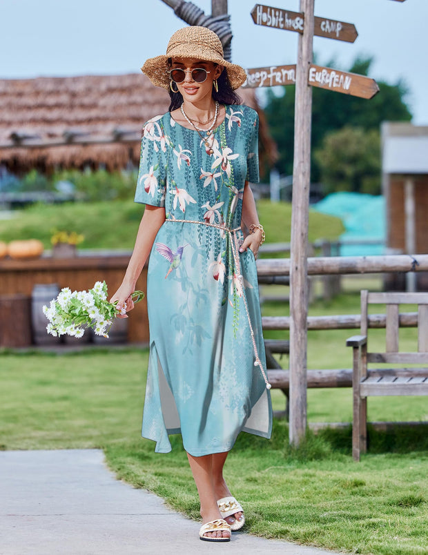 Zeagoo Women Long Sun Dress Summer T Shirt Dresses Beach Dress Casual Short Sleeve Tropical O Neck A Line Maxi Dresses Loose Side Slit Cover Up with Pockets 2025 Black XXL