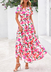 PRETTYGARDEN Women's 2025 Summer Boho Maxi Dresses Floral Short Sleeve V Neck A Line Tiered Flowy Long Beach Vacation Dress (White Pink Floral,Large)