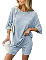 Ekouaer Pajamas 2 Piece Lounge Sets Ribbed Knit Matching Outfits T-shirt Biker Shorts Sleepwear Loungewear Sweatsuits