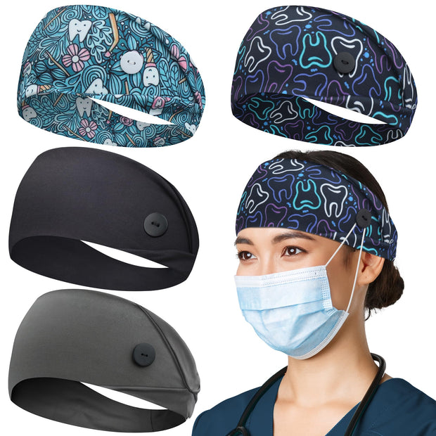 ABAMERICA Headbands with Button for Mask, Wide Nurses Headbands Non Slip Elastic Ear Protection for Women Men Doctors Sweatband Headband (BUTTON- 1 PACK COLOR05)