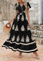PRETTYGARDEN Womens 2025 Summer Casual V Neck Boho Maxi Dress Flowy Aline Bell Sleeve Tiered Floral Dresses with Pocket (Floral Apricot Black,X-Large)