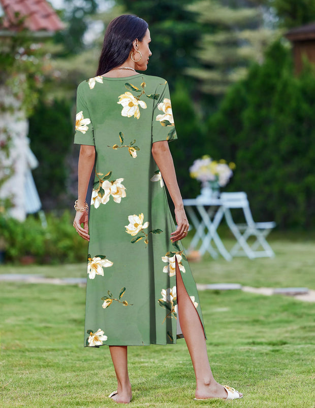 Zeagoo Women Long Sun Dress Summer T Shirt Dresses Beach Dress Casual Short Sleeve Tropical O Neck A Line Maxi Dresses Loose Side Slit Cover Up with Pockets 2025 Black XXL