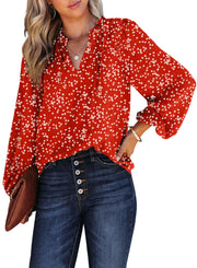 Dokotoo Women's Casual V Neck Alicia Floral Print Smocked Long Sleeve Chiffon Blouses Bohemian Top Shirts