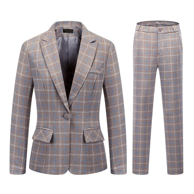Womens 2 Piece Plaid Suits Set Business Office One Button Blazer Jacket Casual Long Sleeve Pant Suit Set
