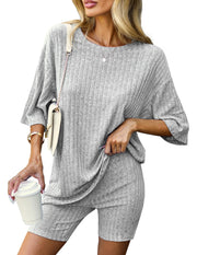 Ekouaer Pajamas 2 Piece Lounge Sets Ribbed Knit Matching Outfits T-shirt Biker Shorts Sleepwear Loungewear Sweatsuits
