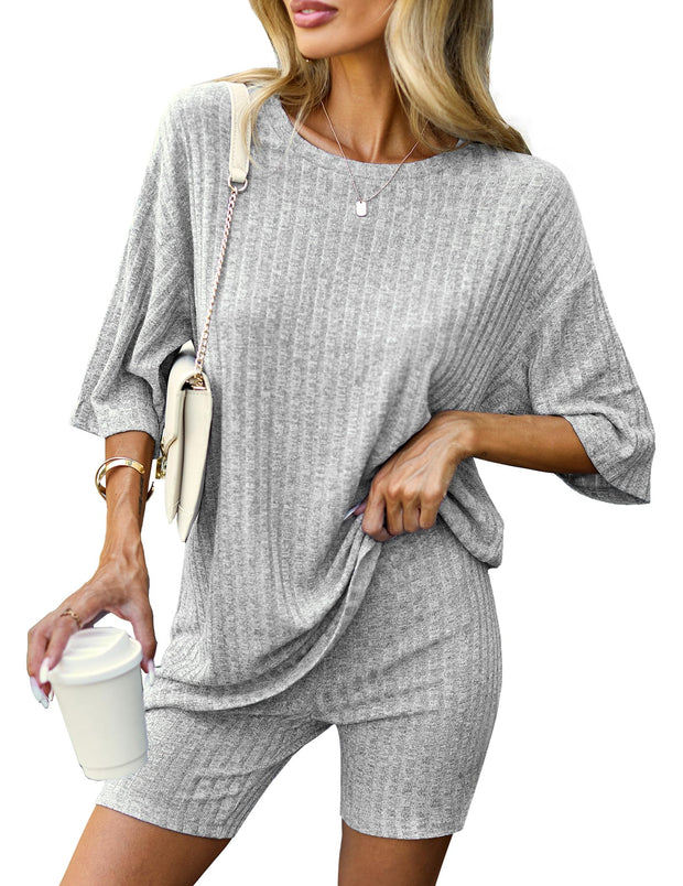 Ekouaer Pajamas 2 Piece Lounge Sets Ribbed Knit Matching Outfits T-shirt Biker Shorts Sleepwear Loungewear Sweatsuits