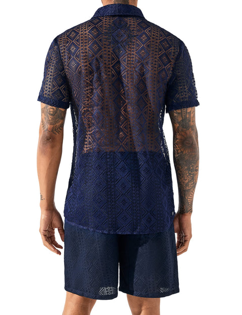 LecGee Men Summer Casual Short Sets Lace Short Sleeve Button Down Shirt Elastic Waist Shorts 2 Piece Outfits Tracksuit