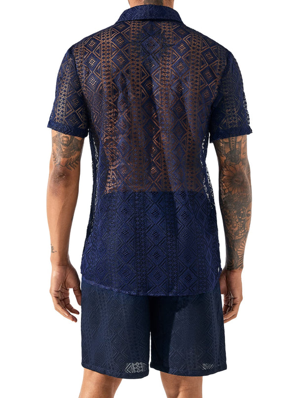 LecGee Men Summer Casual Short Sets Lace Short Sleeve Button Down Shirt Elastic Waist Shorts 2 Piece Outfits Tracksuit