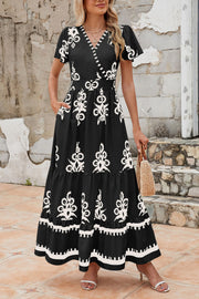 PRETTYGARDEN Womens 2025 Summer Casual V Neck Boho Maxi Dress Flowy Aline Bell Sleeve Tiered Floral Dresses with Pocket (Floral Apricot Black,X-Large)