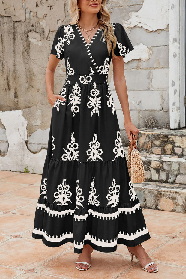 PRETTYGARDEN Womens 2025 Summer Casual V Neck Boho Maxi Dress Flowy Aline Bell Sleeve Tiered Floral Dresses with Pocket (Floral Apricot Black,X-Large)