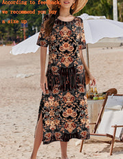 Zeagoo Women Long Sun Dress Summer T Shirt Dresses Beach Dress Casual Short Sleeve Tropical O Neck A Line Maxi Dresses Loose Side Slit Cover Up with Pockets 2025 Black XXL