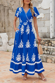 PRETTYGARDEN Womens 2025 Summer Casual V Neck Boho Maxi Dress Flowy Aline Bell Sleeve Tiered Floral Dresses with Pocket (Floral Apricot Black,X-Large)
