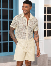 LecGee Men Summer Casual Short Sets Lace Short Sleeve Button Down Shirt Elastic Waist Shorts 2 Piece Outfits Tracksuit