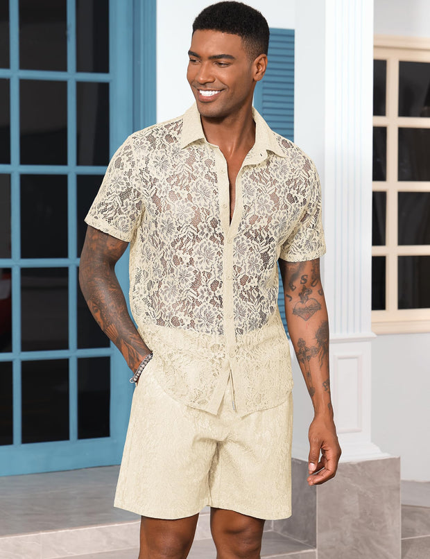 LecGee Men Summer Casual Short Sets Lace Short Sleeve Button Down Shirt Elastic Waist Shorts 2 Piece Outfits Tracksuit