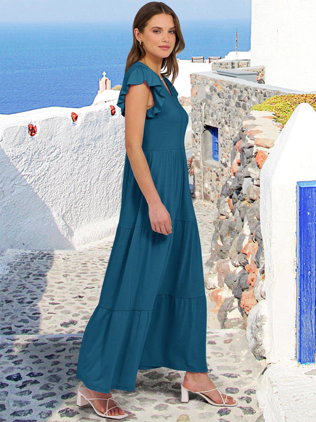 ANRABESS Womens Summer Casual Maxi Dress V Neck Ruffle Sleeve Long Dresses Fashion Flowy Tiered Boho Beach Vacation Sundress Black Large