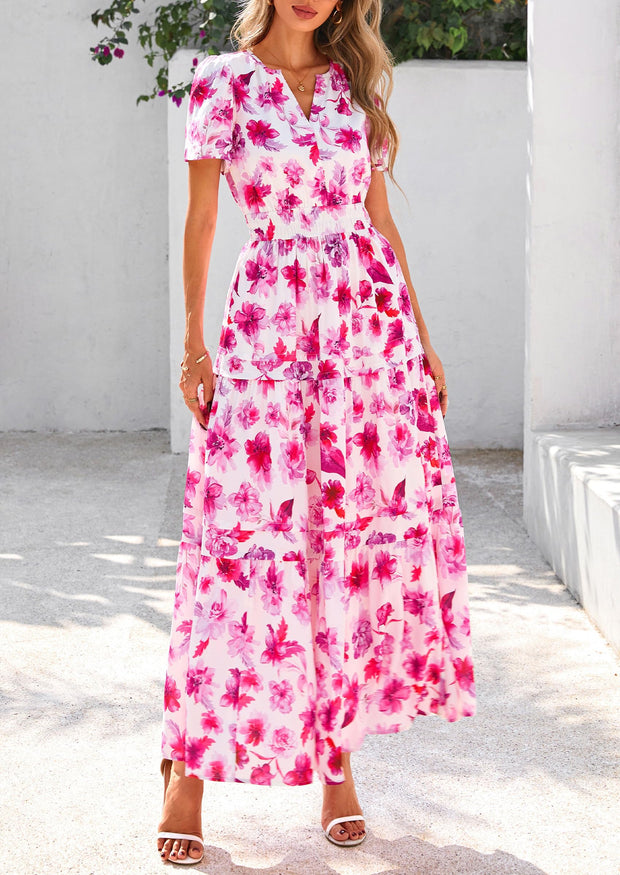 PRETTYGARDEN Women's 2025 Summer Boho Maxi Dresses Floral Short Sleeve V Neck A Line Tiered Flowy Long Beach Vacation Dress (White Pink Floral,Large)