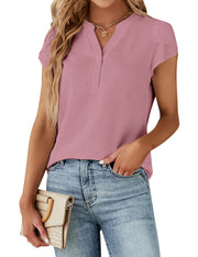 Blooming Jelly Women's Dressy Casual Tops Business Work Blouses White Button Down Shirts Cap Sleeve V Neck Tshirt