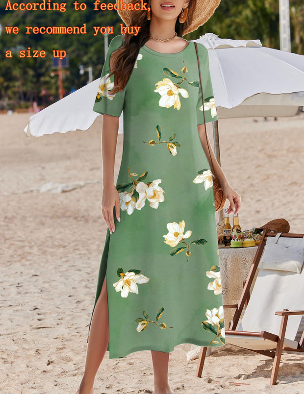 Zeagoo Women Long Sun Dress Summer T Shirt Dresses Beach Dress Casual Short Sleeve Tropical O Neck A Line Maxi Dresses Loose Side Slit Cover Up with Pockets 2025 Black XXL