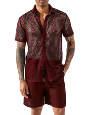 LecGee Men Summer Casual Short Sets Lace Short Sleeve Button Down Shirt Elastic Waist Shorts 2 Piece Outfits Tracksuit