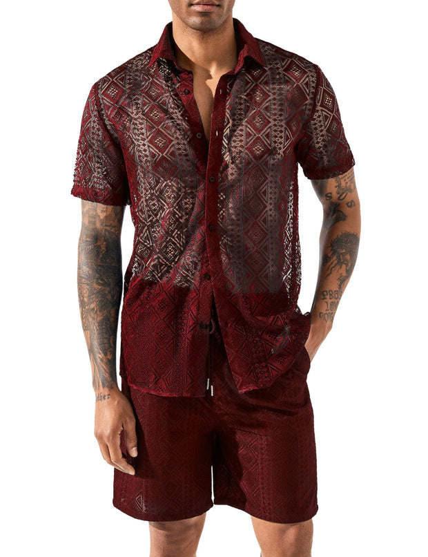 LecGee Men Summer Casual Short Sets Lace Short Sleeve Button Down Shirt Elastic Waist Shorts 2 Piece Outfits Tracksuit