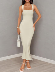 ZESICA Women's Summer Bodycon Midi Dress Sleeveless Square Neck Slim Fit Back Slit Long Cocktail Party Dresses