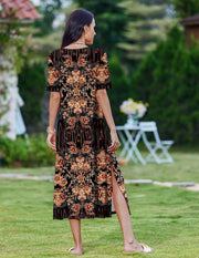 Zeagoo Women Long Sun Dress Summer T Shirt Dresses Beach Dress Casual Short Sleeve Tropical O Neck A Line Maxi Dresses Loose Side Slit Cover Up with Pockets 2025 Black XXL