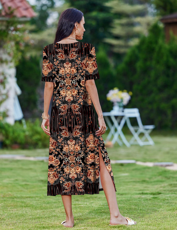 Zeagoo Women Long Sun Dress Summer T Shirt Dresses Beach Dress Casual Short Sleeve Tropical O Neck A Line Maxi Dresses Loose Side Slit Cover Up with Pockets 2025 Black XXL