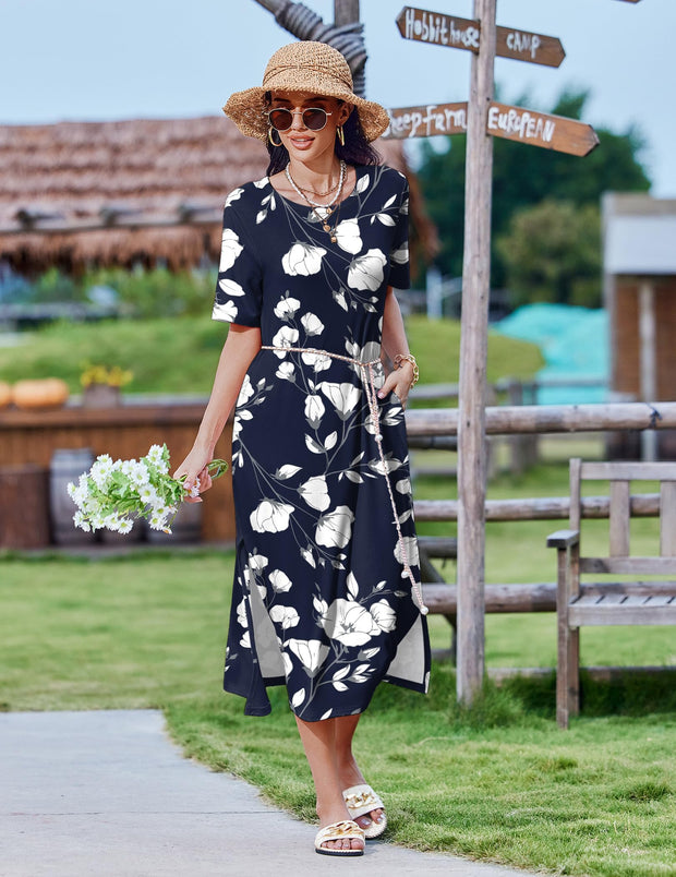 Zeagoo Women Long Sun Dress Summer T Shirt Dresses Beach Dress Casual Short Sleeve Tropical O Neck A Line Maxi Dresses Loose Side Slit Cover Up with Pockets 2025 Black XXL