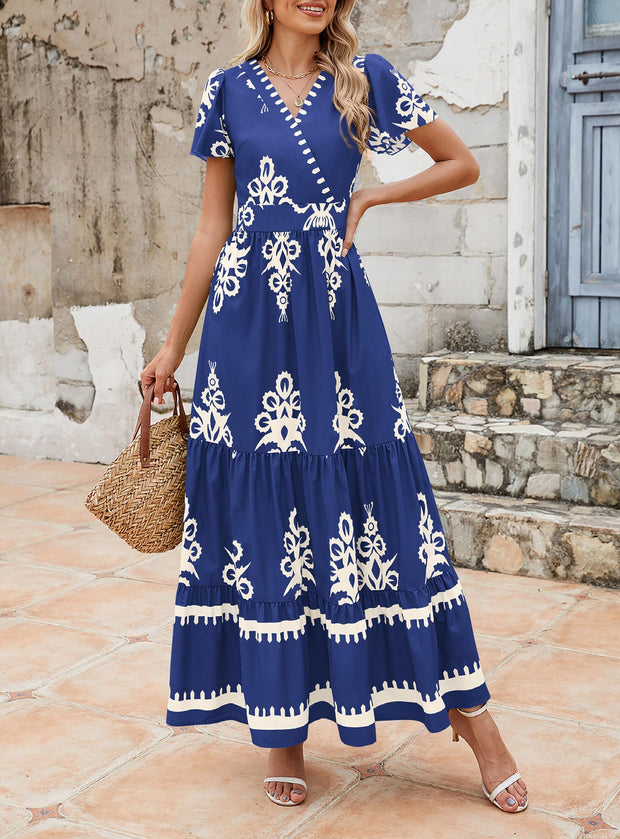 PRETTYGARDEN Womens 2025 Summer Casual V Neck Boho Maxi Dress Flowy Aline Bell Sleeve Tiered Floral Dresses with Pocket (Floral Apricot Black,X-Large)