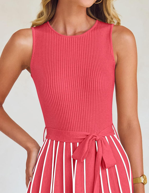ZESICA Women's Summer Sleeveless Midi Dress 2025 Crewneck Ribbed Knit Tie Waist Casual A Line Swing Dresses