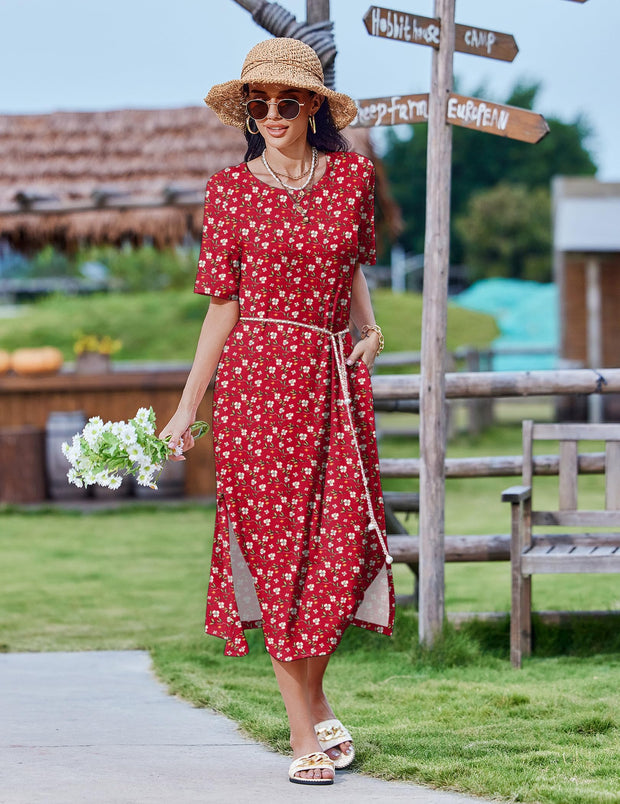 Zeagoo Women Long Sun Dress Summer T Shirt Dresses Beach Dress Casual Short Sleeve Tropical O Neck A Line Maxi Dresses Loose Side Slit Cover Up with Pockets 2025 Black XXL