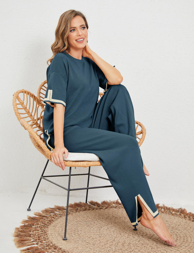 Tanming Sweater Sets Women 2 Piece Lounge Sets Short Sleeve Knit Pullover Tops Wide Leg Pants