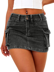 ELLEVEN High Stretchy Cargo Skirt for Women, Low Waist Y2k Mini Skirt Cute Denim Skirt with Pockets