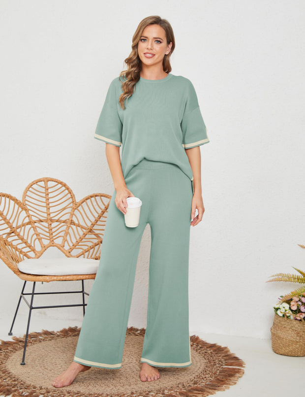 Tanming Sweater Sets Women 2 Piece Lounge Sets Short Sleeve Knit Pullover Tops Wide Leg Pants