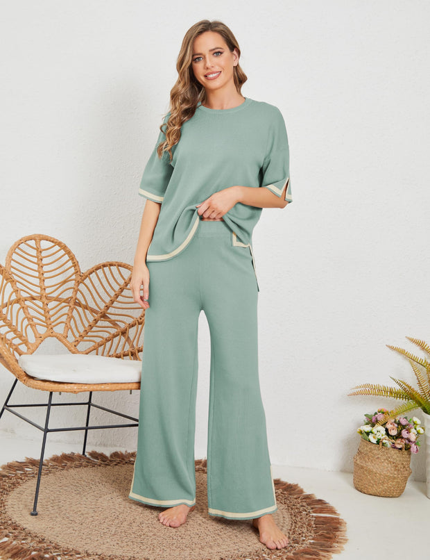 Tanming Sweater Sets Women 2 Piece Lounge Sets Short Sleeve Knit Pullover Tops Wide Leg Pants