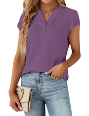 Blooming Jelly Women's Dressy Casual Tops Business Work Blouses White Button Down Shirts Cap Sleeve V Neck Tshirt