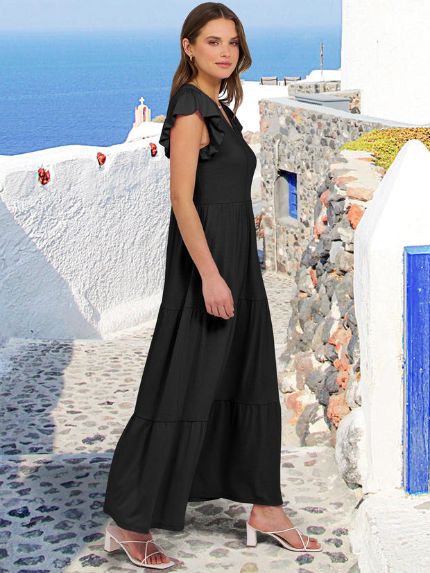 ANRABESS Womens Summer Casual Maxi Dress V Neck Ruffle Sleeve Long Dresses Fashion Flowy Tiered Boho Beach Vacation Sundress Black Large