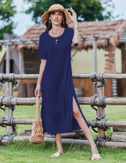 Zeagoo Women Long Sun Dress Summer T Shirt Dresses Beach Dress Casual Short Sleeve Tropical O Neck A Line Maxi Dresses Loose Side Slit Cover Up with Pockets 2025 Black XXL