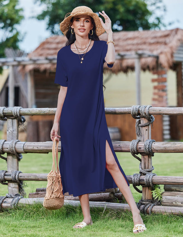 Zeagoo Women Long Sun Dress Summer T Shirt Dresses Beach Dress Casual Short Sleeve Tropical O Neck A Line Maxi Dresses Loose Side Slit Cover Up with Pockets 2025 Black XXL